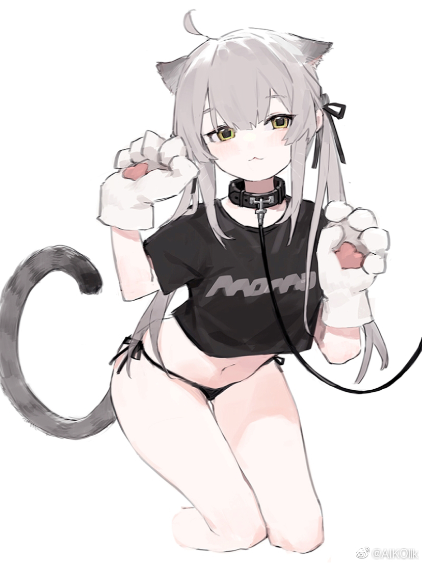 1girl :3 ahoge aiko_(kanl) animal_ears animal_hands barefoot black_panties black_shirt cat_ears cat_girl cat_tail collar crop_top crop_top_overhang extra_ears gloves grey_hair hair_ribbon hands_up kneeling leash long_hair looking_at_viewer navel no_pants original panties paw_gloves revision ribbon shirt short_sleeves side-tie_panties sidelocks simple_background smile solo stomach string_panties tail thighs twintails underwear white_background yellow_eyes