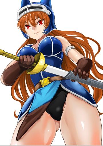 1girl armor black_panties blue_armor breasts brown_eyes brown_gloves brown_hair closed_mouth daisy_(dq) dragon_quest dragon_quest_yuusha_abel_densetsu fake_horns gloves helmet horned_helmet horns long_hair looking_at_viewer panties simple_background solo sword underwear weapon white_background yamasan_(hachiman)