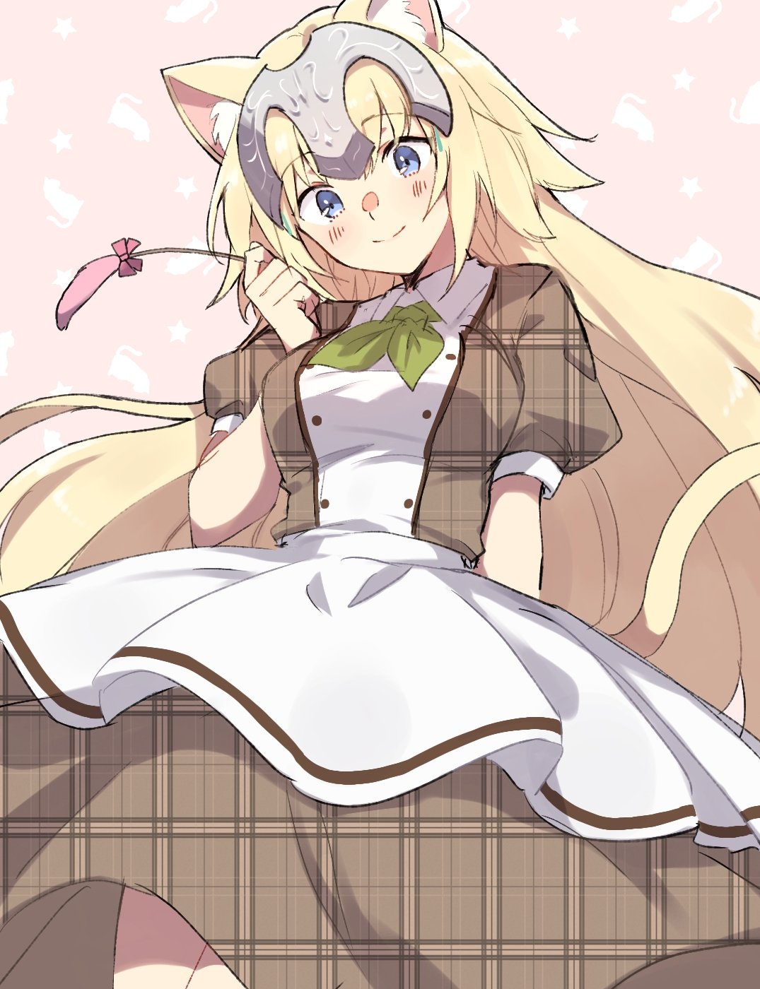 1girl alternate_costume animal_ear_fluff animal_ears apron blonde_hair blue_eyes blush breasts cat_ears cat_tail cattail closed_mouth collared_dress commentary dress eyebrows_visible_through_hair fate/grand_order fate_(series) green_neckwear hair_between_eyes headpiece highres jeanne_d'arc_(fate) jeanne_d'arc_(fate/apocrypha) kabutomushi_s kemonomimi_mode long_hair looking_at_viewer medium_breasts plaid plaid_dress plant puffy_short_sleeves puffy_sleeves short_sleeves smile solo tail very_long_hair waist_apron waitress white_apron