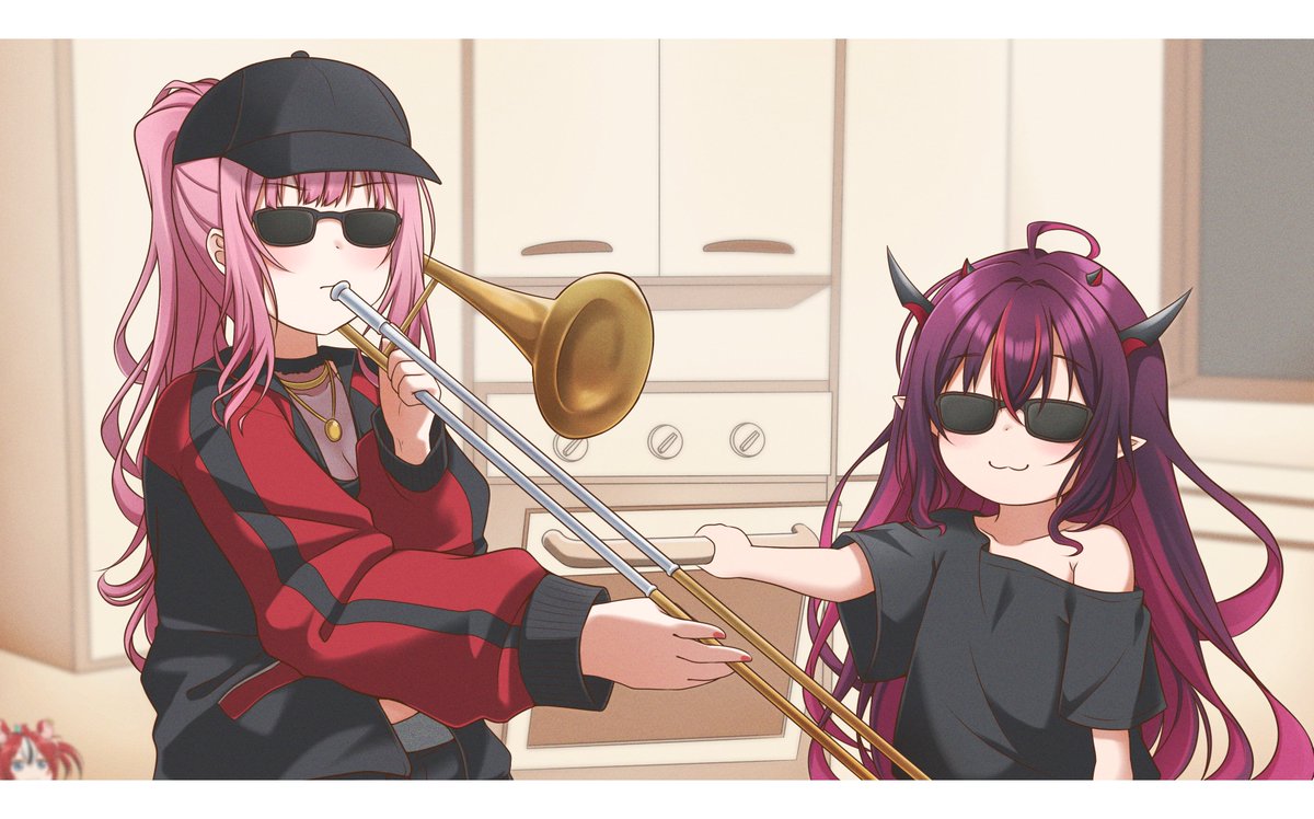 :3 baseball_cap commentary english_commentary hat hololive hololive_english instrument irys_(hololive) jan_azure meme mori_calliope pink_hair redhead sunglasses trombone upper_body virtual_youtuber