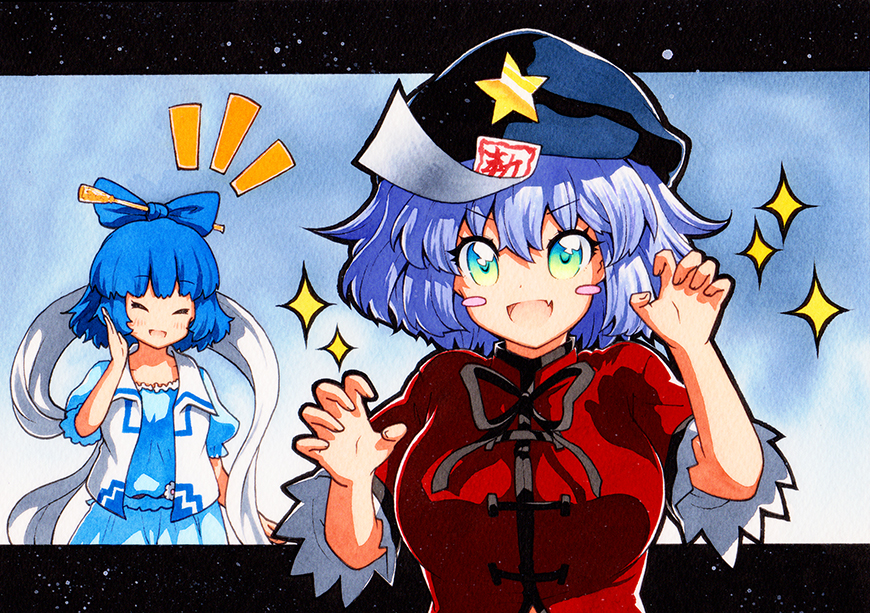 2girls aqua_dress black_footwear black_neckwear black_ribbon black_skirt blue_background blue_dress blue_hair blush blush_stickers breasts closed_eyes dress eyebrows_visible_through_hair fang fangs hair_ornament hair_stick jiangshi kaku_seiga lace-trimmed_sleeves lace_trim medium_breasts medium_hair miyako_yoshika multiple_girls neck_ribbon open_mouth paw_pose qqqrinkappp red_shirt ribbon shirt short_hair short_sleeves skin_fang skirt touhou traditional_media v-shaped_eyebrows wide_sleeves