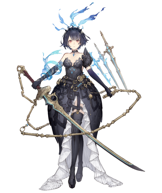 1girl alice_(sinoalice) black_dress boots breasts chain choker crossed_legs dark_blue_hair dress elbow_gloves eyebrows_visible_through_hair floating floating_object floating_sword floating_weapon full_body gloves hairband holding holding_sword holding_weapon ji_no looking_at_viewer medium_breasts official_art red_eyes short_hair single_elbow_glove sinoalice solo sword tattoo thigh-highs thigh_boots transparent_background watson_cross weapon