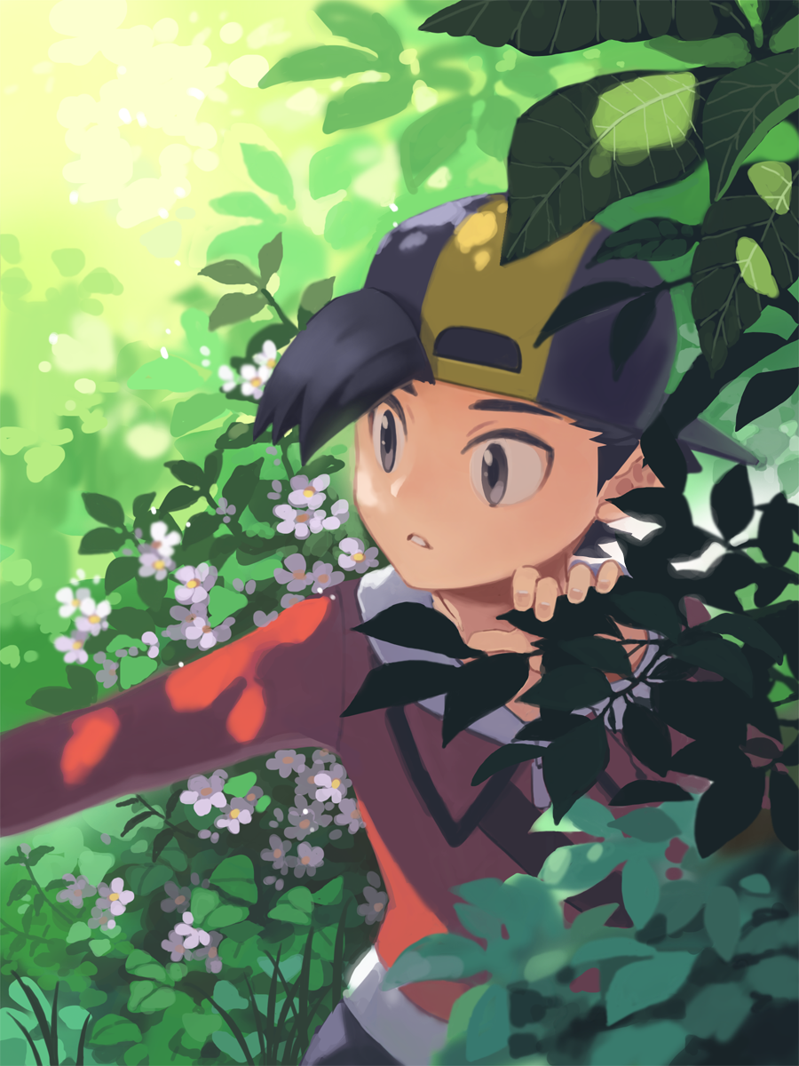 1boy backwards_hat baseball_cap black_hair black_headwear commentary_request day ethan_(pokemon) flower foliage frown grey_eyes hand_up hat highres jacket leaf looking_to_the_side male_focus outdoors outstretched_arm pants parted_lips pokemon pokemon_(game) pokemon_hgss red_jacket short_hair white_flower xichii zipper_pull_tab