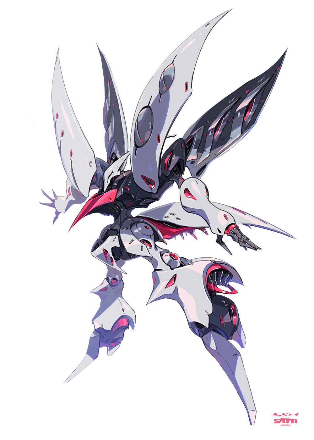 esuthio from_side gundam highres looking_at_viewer mecha mobile_suit no_humans open_hands pink_eyes qubeley science_fiction solo white_background zeta_gundam