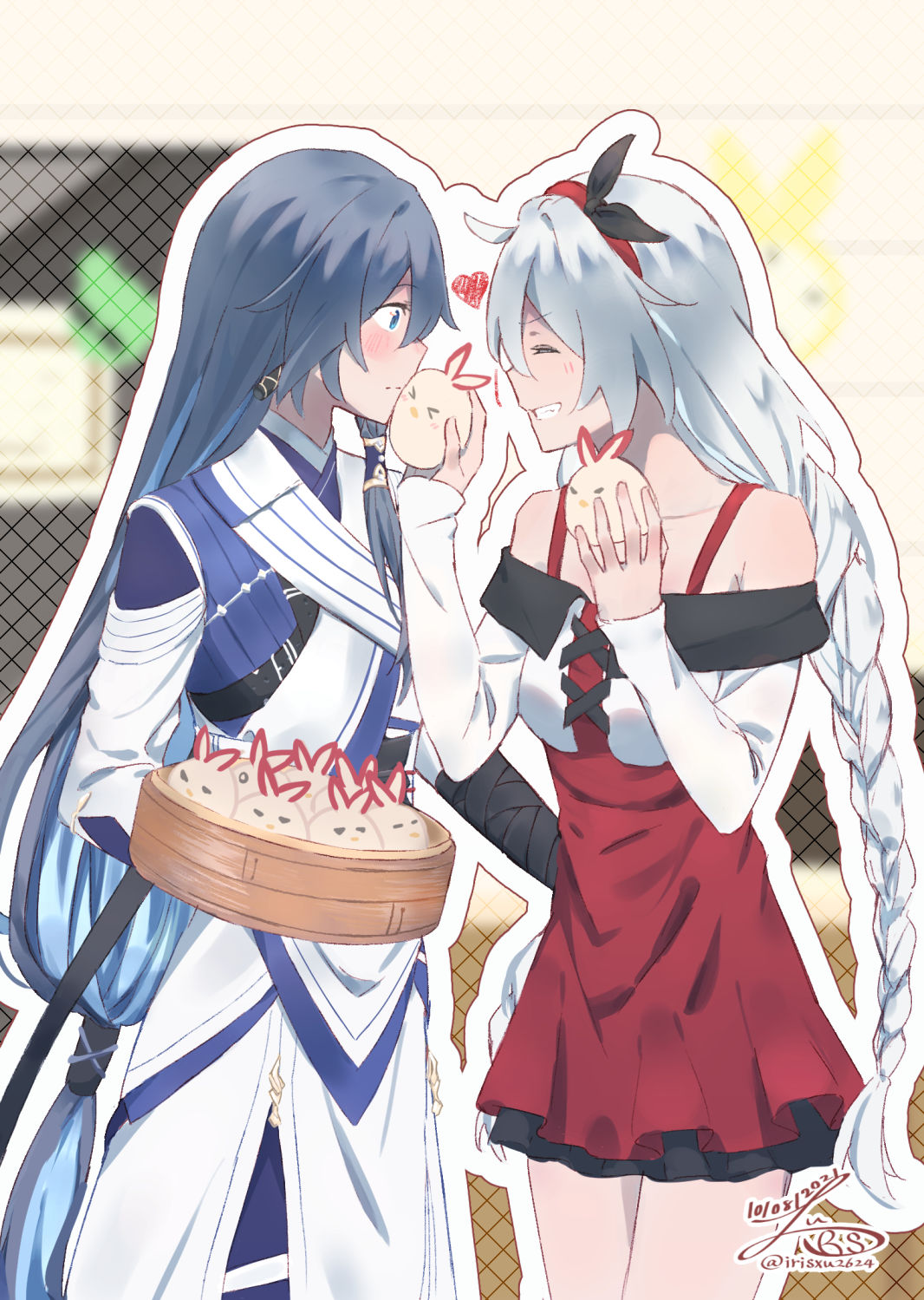 2girls bare_shoulders braid chinese_clothes closed_eyes closed_mouth dress dumpling food fu_hua grin headband heart highres holding holding_food holding_tray honkai_(series) honkai_impact_3rd irisxu2624 kiana_kaslana long_hair long_sleeves looking_at_another multiple_girls open_mouth pinafore_dress red_dress smile teeth tray twin_braids white_hair yuri