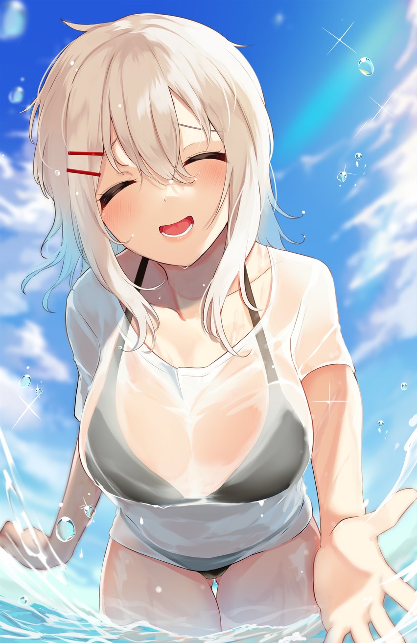 1girl ass_visible_through_thighs bikini black_bikini breasts closed_eyes happy highres igayan large_breasts leaning_forward open_mouth original see-through shirt short_hair sky standing swimsuit t-shirt wet wet_clothes wet_shirt white_hair white_shirt