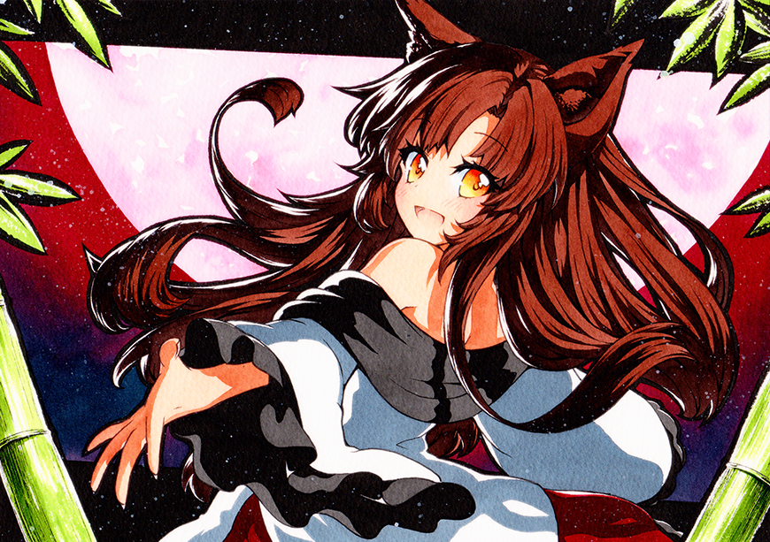 1girl :d animal_ears bamboo bangs brown_hair dress eyebrows_visible_through_hair from_behind full_moon imaizumi_kagerou long_hair long_sleeves looking_at_viewer looking_back moon multicolored multicolored_eyes off-shoulder_dress off_shoulder open_mouth orange_eyes outdoors qqqrinkappp red_moon smile solo touhou traditional_media white_dress wide_sleeves wolf_ears