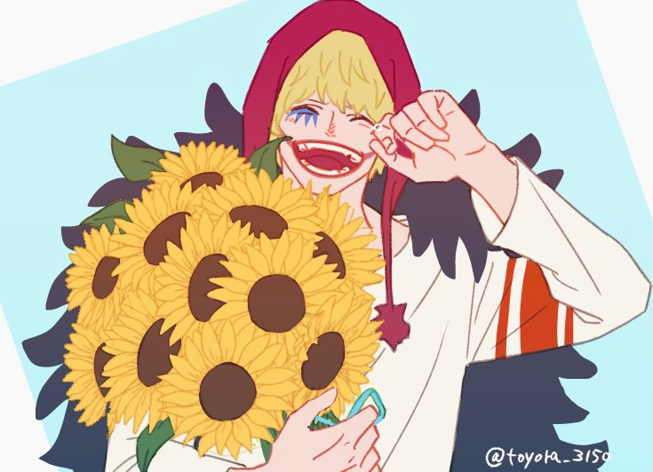 1boy alternate_costume blonde_hair bouquet casual commentary_request donquixote_rocinante flat_color flower holding holding_bouquet hood makeup male_focus one_piece short_hair smile solo sunflower toyoura_(23066494) upper_body