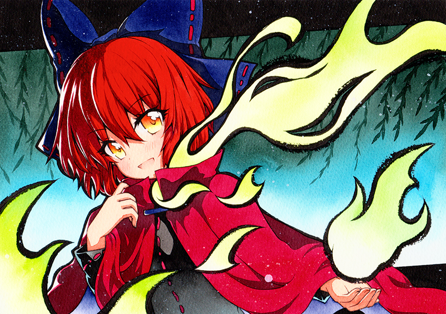 1girl :d bangs blue_bow bow cape cloak eyebrows_visible_through_hair hair_between_eyes hair_bow long_sleeves looking_at_viewer open_mouth orange_eyes qqqrinkappp red_cape redhead sekibanki short_hair smile solo touhou traditional_media upper_body