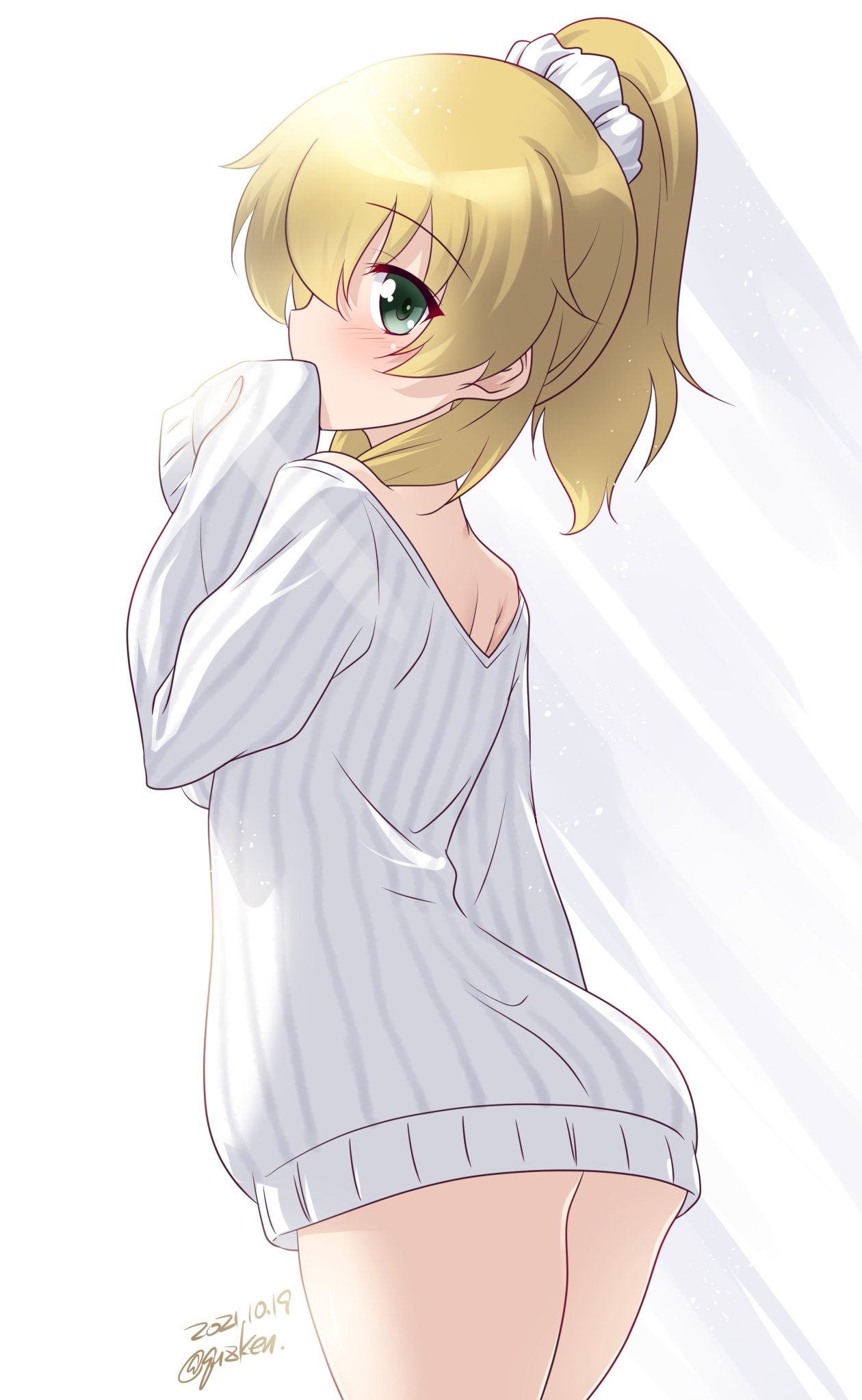 1girl artist_name ass blonde_hair blush carpaccio_(girls_und_panzer) dated eyebrows_visible_through_hair from_behind girls_und_panzer green_eyes hair_ornament hair_scrunchie highres kuzuryuu_kennosuke looking_at_viewer looking_back ponytail scrunchie shiny shiny_hair shoulder_blades simple_background solo sweater white_background