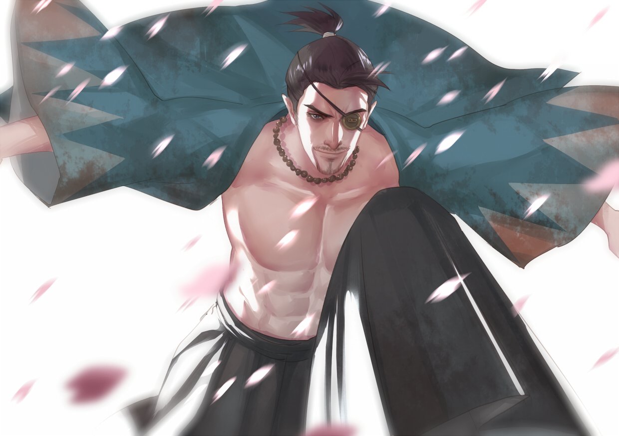 1boy abs bare_pectorals beard black_eyes black_hair black_hakama collarbone eilinna eyepatch facial_hair hakama japanese_clothes jewelry majima_gorou male_focus motion_blur muscular muscular_male necklace open_clothes open_shirt pectorals ryuu_ga_gotoku short_ponytail smile solo