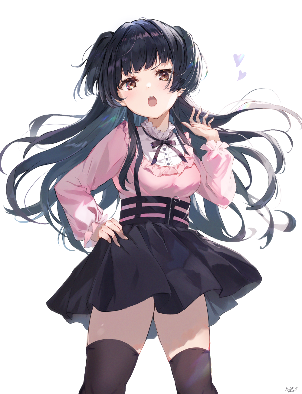 1girl bangs black_hair black_legwear black_skirt breasts brown_eyes commentary_request feet_out_of_frame hand_on_hip hand_up heart highres idolmaster idolmaster_shiny_colors long_hair long_sleeves mayuzumi_fuyuko omelet_tomato pink_shirt pleated_skirt puffy_long_sleeves puffy_sleeves shirt signature simple_background skirt small_breasts solo thigh-highs two_side_up v-shaped_eyebrows very_long_hair white_background