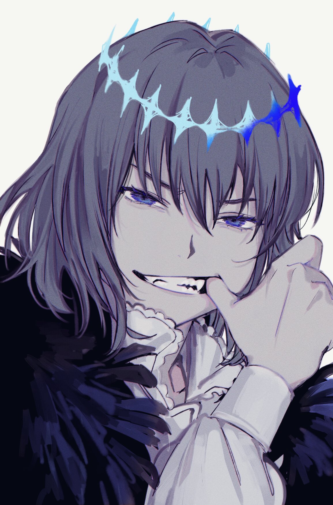 1boy arthropod_boy blue_eyes bug butterfly butterfly_on_finger butterfly_wings cape cloak close-up crown dashijiru diamond_hairband eyebrows fangs fate/grand_order fate_(series) fur-trimmed_cape fur-trimmed_cloak fur_trim furrowed_brow grey_hair highres insect_wings long_sleeves male_focus medium_hair moth oberon_(fate) puffy_sleeves simple_background solo wings