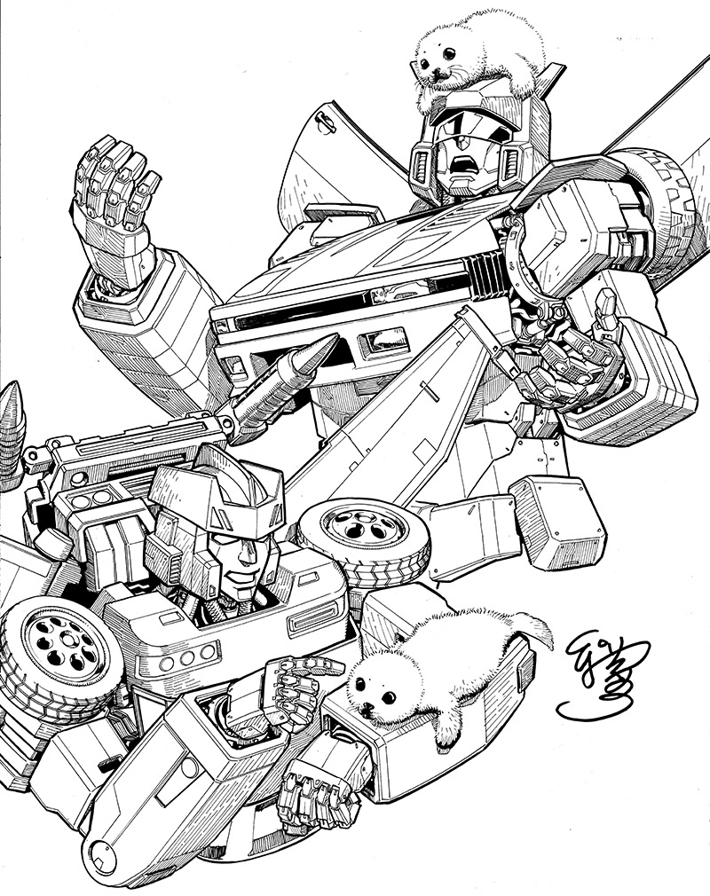 animal_on_arm animal_on_head autobot commission e.j._su english_commentary greyscale ink_(medium) jazz_(transformers) looking_up mecha mechanical_wings monochrome no_humans on_head open_hands open_mouth seal_(animal) tracks_(transformers) traditional_media transformers unfinished visor whiskers white_background wings