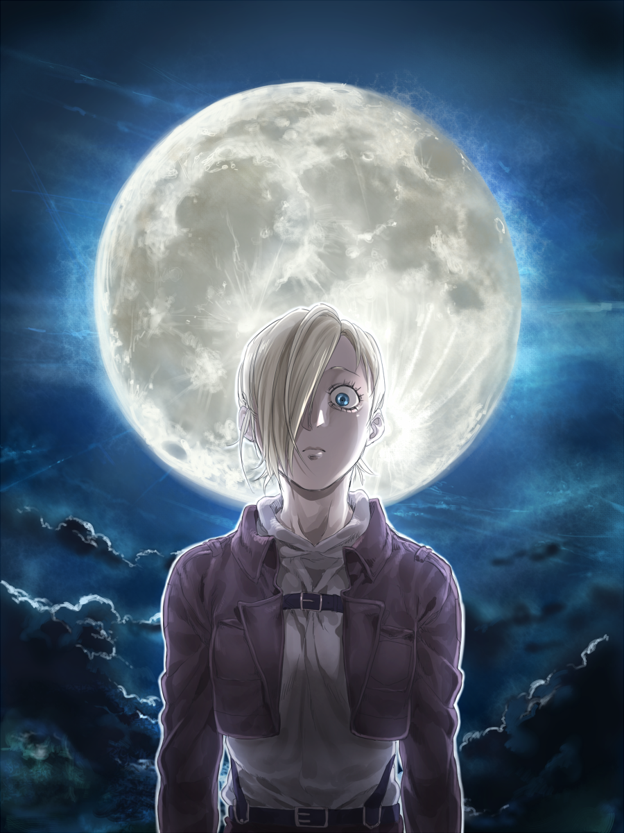 1girl annie_leonhardt bangs blonde_hair blue_eyes chest_belt forest full_moon hair_over_one_eye highres jacket leather leather_jacket looking_at_viewer moon nature nene_(10575936) night night_sky paradis_military_uniform ponytail shingeki_no_kyojin short_hair sky solo swept_bangs wide-eyed