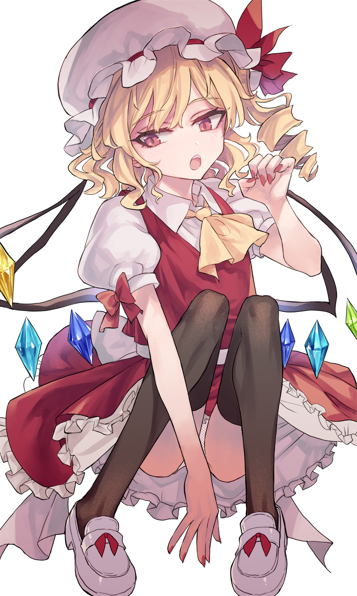 1girl :o arm_up ascot back_bow bangs black_legwear blonde_hair bow collared_shirt commentary_request crystal drill_hair fingernails flandre_scarlet footwear_bow full_body hand_on_ground hat hat_ribbon highres long_fingernails looking_at_viewer mob_cap multicolored multicolored_wings nail_polish open_mouth panties puffy_short_sleeves puffy_sleeves red_bow red_eyes red_nails red_ribbon red_skirt red_vest ribbon shirt short_hair short_sleeves side_ponytail sidelocks simple_background sitting skirt slit_pupils solo teeth thigh-highs touhou tsukeo underwear upper_teeth vest white_background white_bow white_footwear white_headwear white_panties wing_collar wings yellow_neckwear