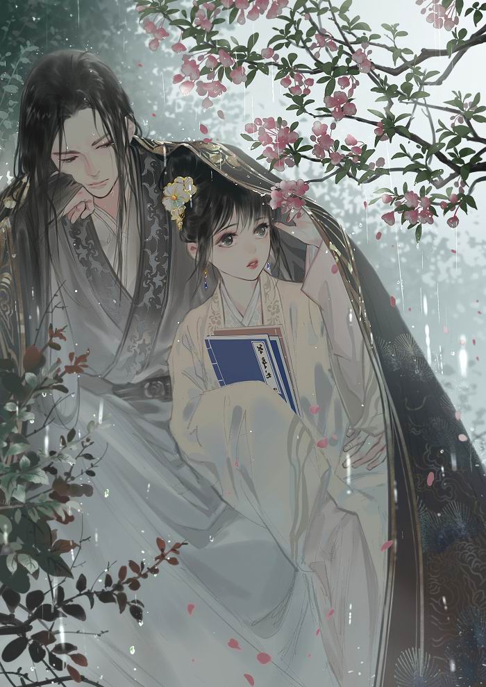 1boy 1girl bangs black_hair blunt_bangs book chinese_clothes couple hanfu loli_bushi long_hair looking_at_another looking_to_the_side object_hug original parted_bangs petals rain shelter water_drop