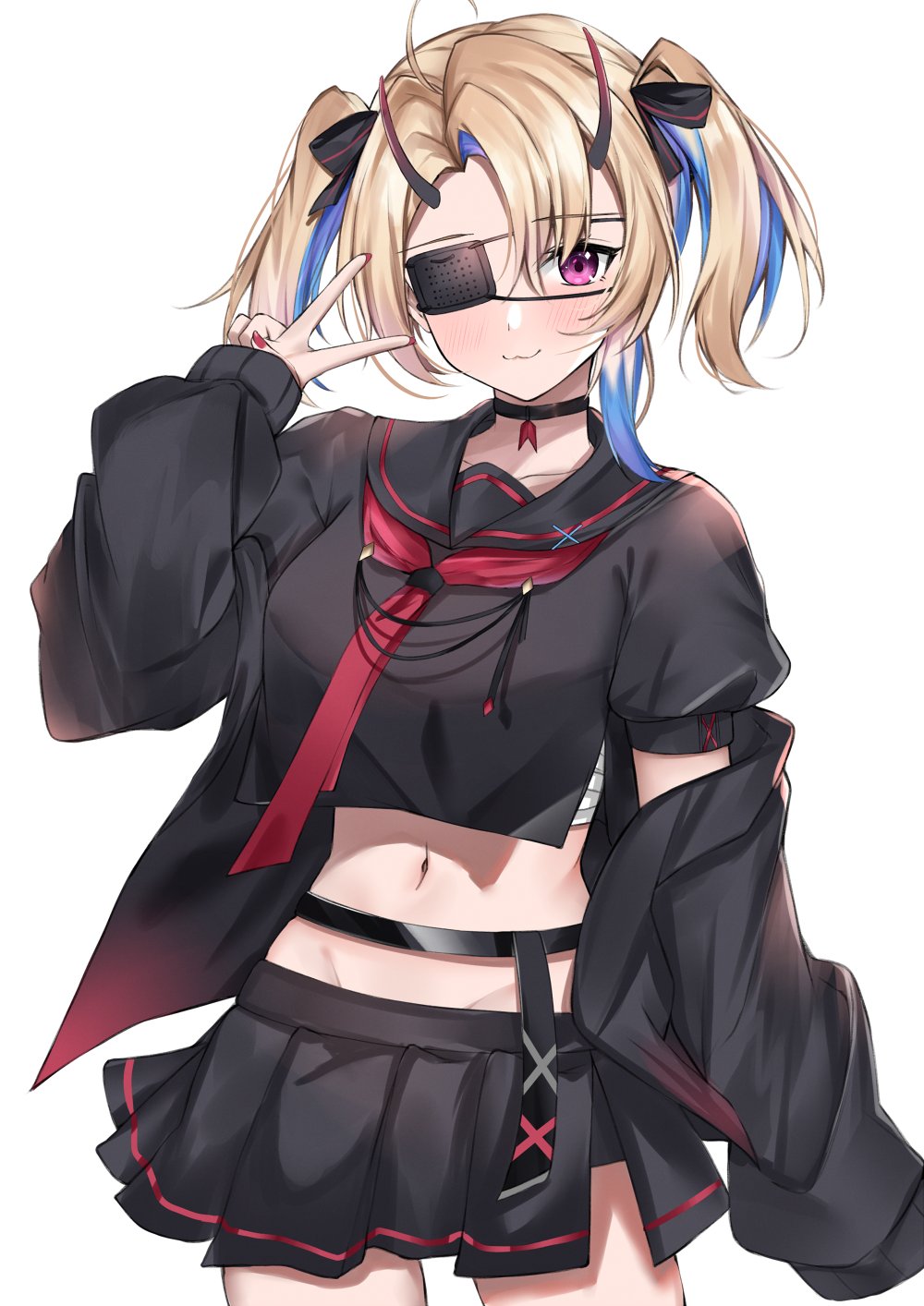 1girl :3 ahoge avatar_2.0_project black_choker black_jacket black_shirt black_skirt blonde_hair blue_hair breasts choker commission cowboy_shot crop_top crop_top_overhang eyepatch groin hair_ribbon hand_up highres horns jacket long_hair long_sleeves looking_at_viewer medium_breasts midriff minase_shia miniskirt multicolored_hair nail_polish navel neckerchief nemun_(tamizzz) off_shoulder oni_horns open_clothes open_jacket pink_eyes pleated_skirt revealing_clothes ribbon sailor_collar sarashi school_uniform serafuku shirt side_slit simple_background skeb_commission skirt smile solo standing stomach twintails two-tone_hair v virtual_youtuber white_background