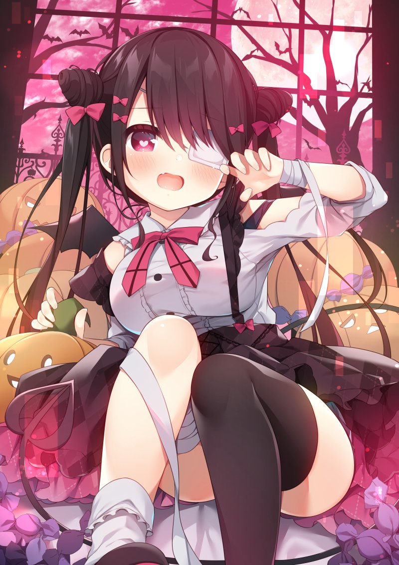 1girl :d argyle argyle_skirt asymmetrical_legwear bandaged_arm bandaged_leg bandages bangs black_hair black_legwear black_skirt black_swimsuit black_wings blush bow breasts claw_pose clothing_cutout collared_shirt commentary_request demon_girl demon_tail demon_wings eyebrows_visible_through_hair eyepatch fang frilled_legwear frilled_shirt_collar frills full_moon hair_bow hair_cones hanamiya_natsuka hand_up heart heart-shaped_pupils long_hair looking_at_viewer medium_breasts mini_wings moon original red_bow red_eyes school_swimsuit shirt shoulder_cutout single_sock single_thighhigh skirt smile socks solo swimsuit swimsuit_under_clothes symbol-shaped_pupils tail thigh-highs twintails unmoving_pattern very_long_hair white_shirt window wings