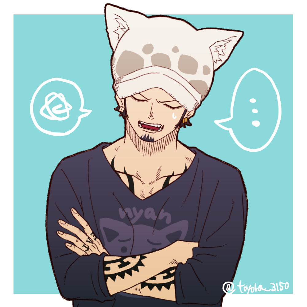 1boy animal_ears black_hair cat_ears commentary_request crossed_arms facial_hair fake_animal_ears goatee hand_tattoo jaguar_print kemonomimi_mode long_sideburns male_focus one_piece short_hair sideburns solo sweatdrop toyoura_(23066494) trafalgar_law upper_body