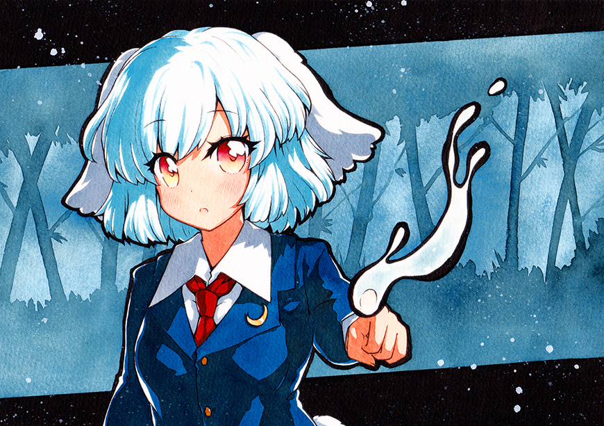 1girl :o bangs blue_background blue_jacket breasts collared_shirt crescent crescent_pin eyebrows_visible_through_hair jacket light_blue_hair long_sleeves looking_at_viewer multicolored multicolored_eyes necktie open_mouth pointing qqqrinkappp red_eyes red_neckwear reisen_(touhou_bougetsushou) shirt short_hair small_breasts solo swept_bangs touhou traditional_media upper_body white_shirt