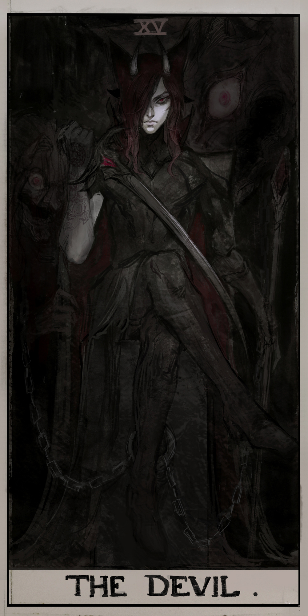 1boy crossed_legs frown hair_over_one_eye highres holding holding_sword holding_weapon horns looking_at_viewer male_focus nat_the_lich original pale_skin renard_beauchene_(nat_the_lich) sitting solo sword tarot the_devil_(tarot) weapon