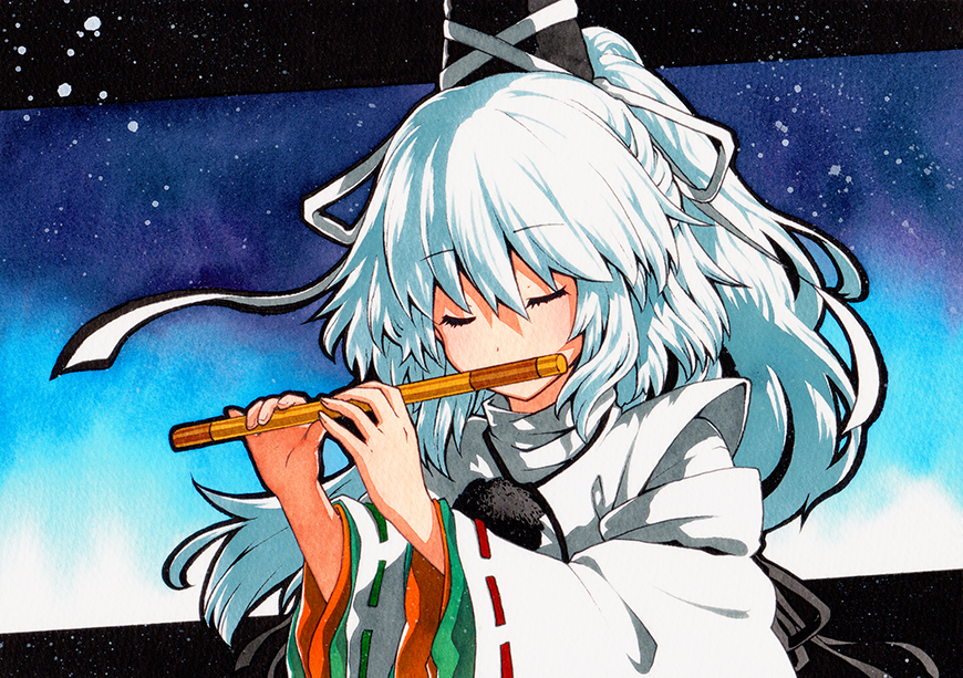 1girl bangs black_headwear blue_background closed_mouth eyebrows_visible_through_hair facing_viewer gradient gradient_background hair_between_eyes hat holding japanese_clothes kariginu long_hair long_sleeves mononobe_no_futo playing_flute qqqrinkappp ribbon-trimmed_sleeves ribbon_trim solo tate_eboshi touhou traditional_media upper_body white_hair