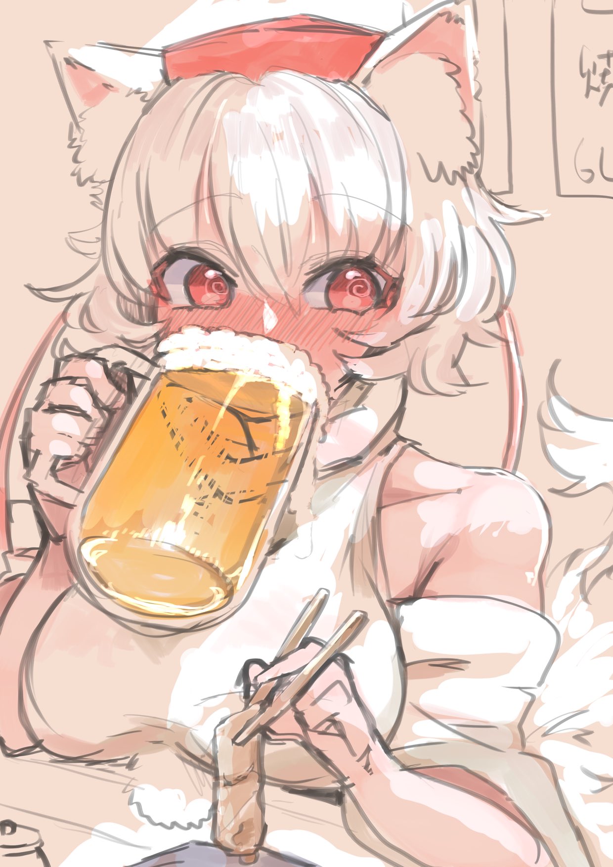 1girl @_@ alcohol animal_ears beer beer_mug blush breasts chopsticks cup detached_sleeves drinking drunk food hat highres holding holding_food inubashiri_momiji large_breasts mug red_eyes short_hair solo tail tokin_hat touhou upper_body white_hair wolf_ears wolf_tail yoyoiro_(sysi20)