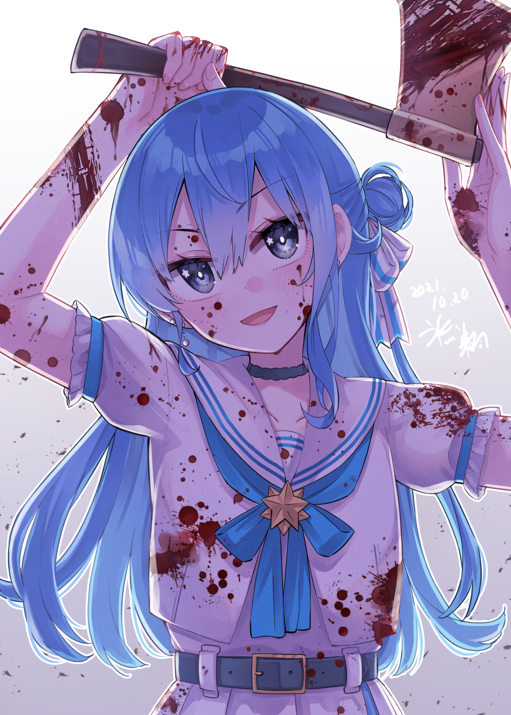 1girl arms_up axe bangs belt black_belt black_choker black_eyes blood blood_on_axe blood_on_clothes blood_on_weapon blue_bow blue_hair blush bow choker commentary_request dated earrings eyebrows_visible_through_hair gradient gradient_background hair_between_eyes hair_bun hair_ribbon head_tilt highres hikawa_shou holding holding_axe hololive hoshimachi_suisei jacket jewelry long_hair looking_at_viewer open_mouth ribbon sailor_collar short_sleeves signature simple_background smile solo star_(symbol) star_in_eye symbol_in_eye upper_body virtual_youtuber weapon white_jacket white_ribbon white_sailor_collar