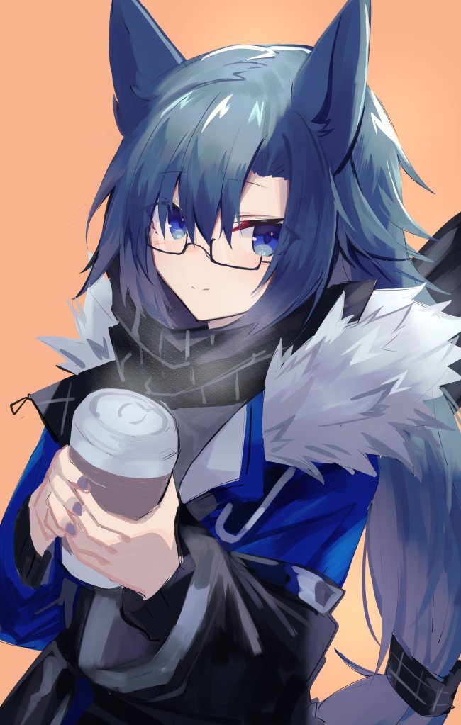 1girl animal_ears arknights black_scarf blue_eyes blue_hair blue_jacket coffee_cup commentary cup disposable_cup fang_(arknights) fang_(cruciata)_(arknights) fur-trimmed_jacket fur_trim holding holding_cup horse_ears jacket long_hair looking_at_viewer official_alternate_costume one-hour_drawing_challenge orange_background plaid plaid_scarf sasa_onigiri scarf semi-rimless_eyewear simple_background smile solo under-rim_eyewear upper_body
