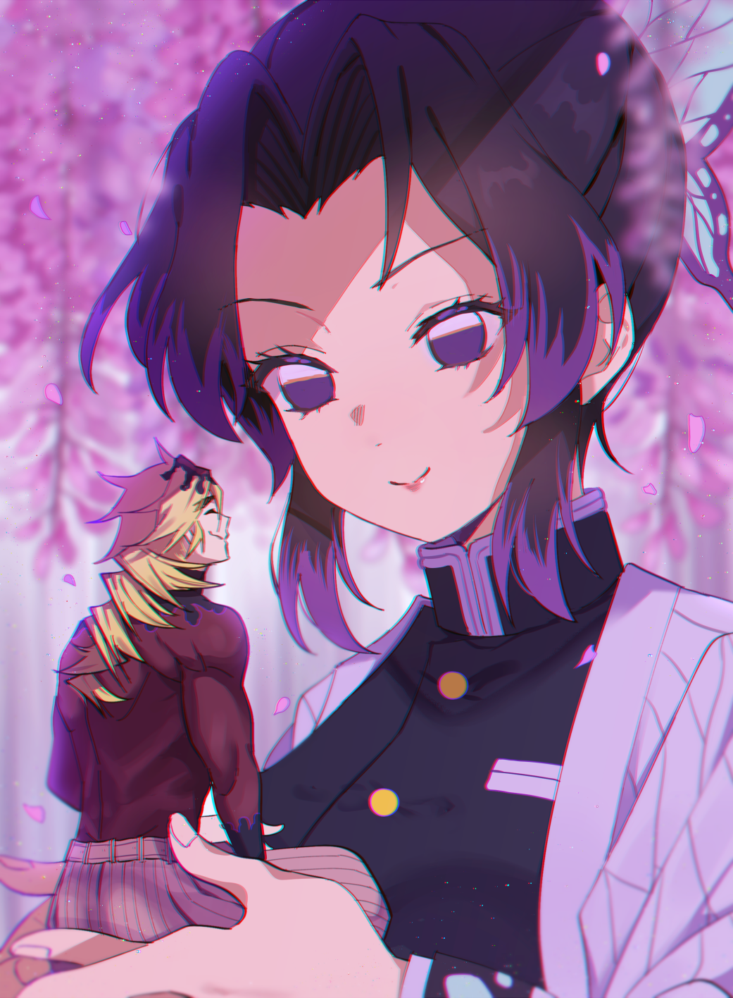 1boy 1girl animal_print assertive_female bangs belt black_hair blonde_hair blue_butterfly breasts brown_belt bug butterfly butterfly_hair_ornament butterfly_print closed_eyes closed_mouth douma_(kimetsu_no_yaiba) flower forehead giant giantess hair_ornament hakama haori highres japanese_clothes kimetsu_no_yaiba kochou_shinobu long_hair miniboy nervous nervous_smile parted_bangs ponytail purple_butterfly red_sweater sellel size_difference smile smirk sweater toned toned_male violet_eyes white_hakama wisteria