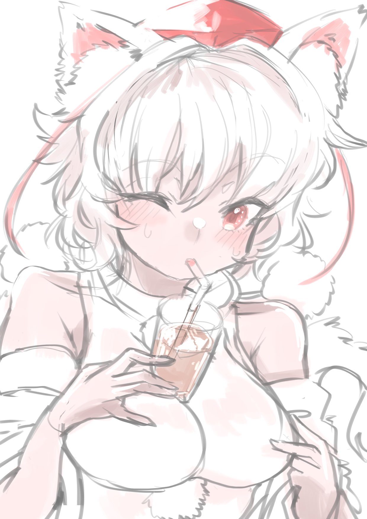 1girl animal_ears between_breasts breasts cup drinking drinking_glass drinking_straw drinking_straw_in_mouth hat highres inubashiri_momiji one_eye_closed red_eyes short_hair sketch solo tokin_hat touhou upper_body white_hair wolf_ears yoyoiro_(sysi20)