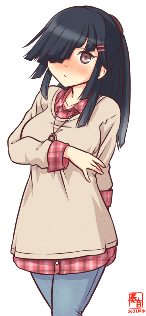 1girl alternate_costume artist_logo black_hair blue_pants brown_eyes brown_sweater collared_shirt commentary_request cowboy_shot dated denim hair_ornament hair_over_one_eye hairclip hayashimo_(kancolle) hime_cut jeans jewelry kanon_(kurogane_knights) kantai_collection long_hair necklace one-hour_drawing_challenge pants plaid plaid_shirt red_shirt shirt simple_background solo sweater very_long_hair white_background