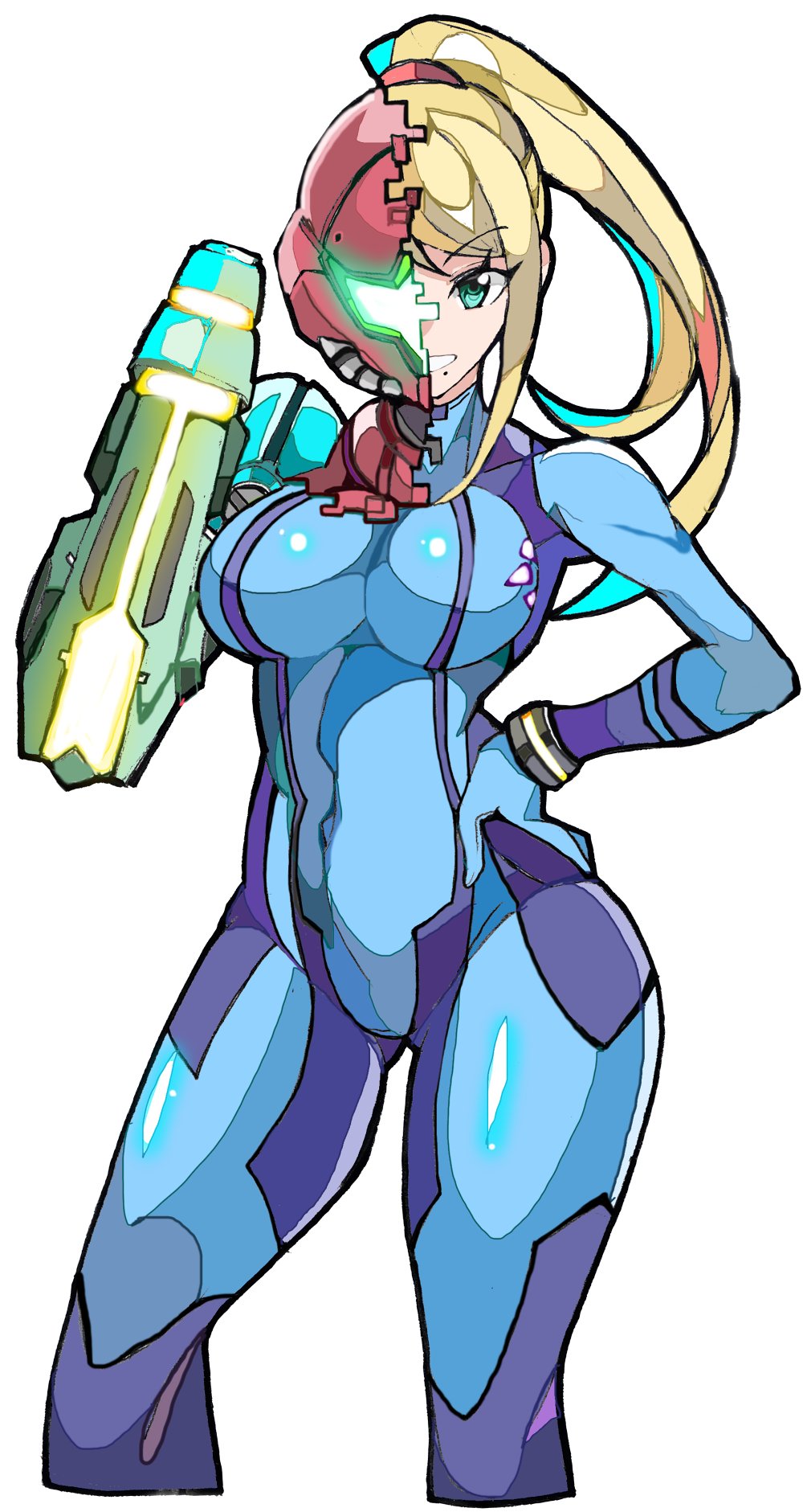 1girl arm_cannon armor bangs blonde_hair blue_eyes blush bodysuit breasts enpe gun helmet highres large_breasts long_hair looking_at_viewer metroid metroid_dread mole mole_under_mouth ponytail power_armor power_suit samus_aran science_fiction simple_background skin_tight smile solo weapon zero_suit