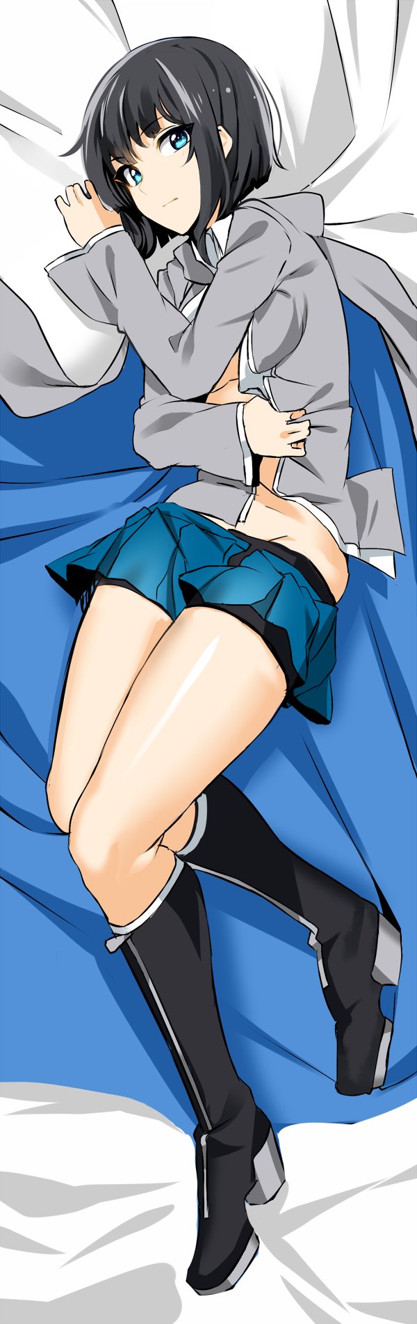 1girl black_footwear black_hair blue_cape blue_eyes blue_skirt bob_cut boots cape closed_mouth covering covering_breasts dakimakura_(medium) doko_tetora from_above grey_cape grey_jacket high_heel_boots high_heels highres jacket long_sleeves looking_at_viewer lying miniskirt on_back open_clothes open_jacket original pleated_skirt rei_(doko_tetora) skirt solo two-sided_cape two-sided_fabric