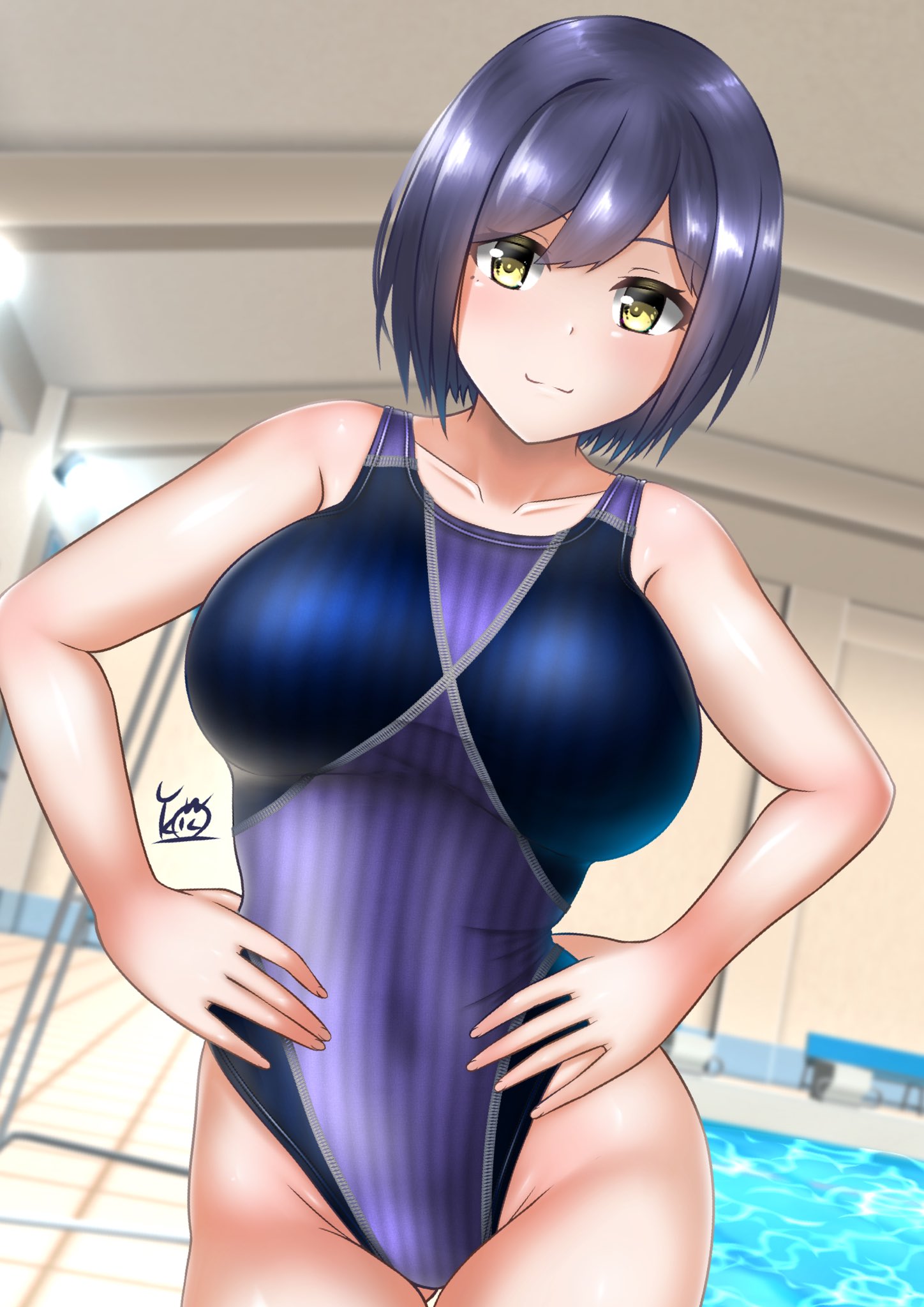 1girl blue_hair blue_swimsuit breasts collarbone commentary_request competition_swimsuit cowboy_shot dutch_angle hands_on_hips highres indoors large_breasts leaning_to_the_side looking_at_viewer mole mole_under_eye nijisanji one-piece_swimsuit pool shizuka_rin short_hair smile solo swimsuit yellow_eyes yurinozuku1112