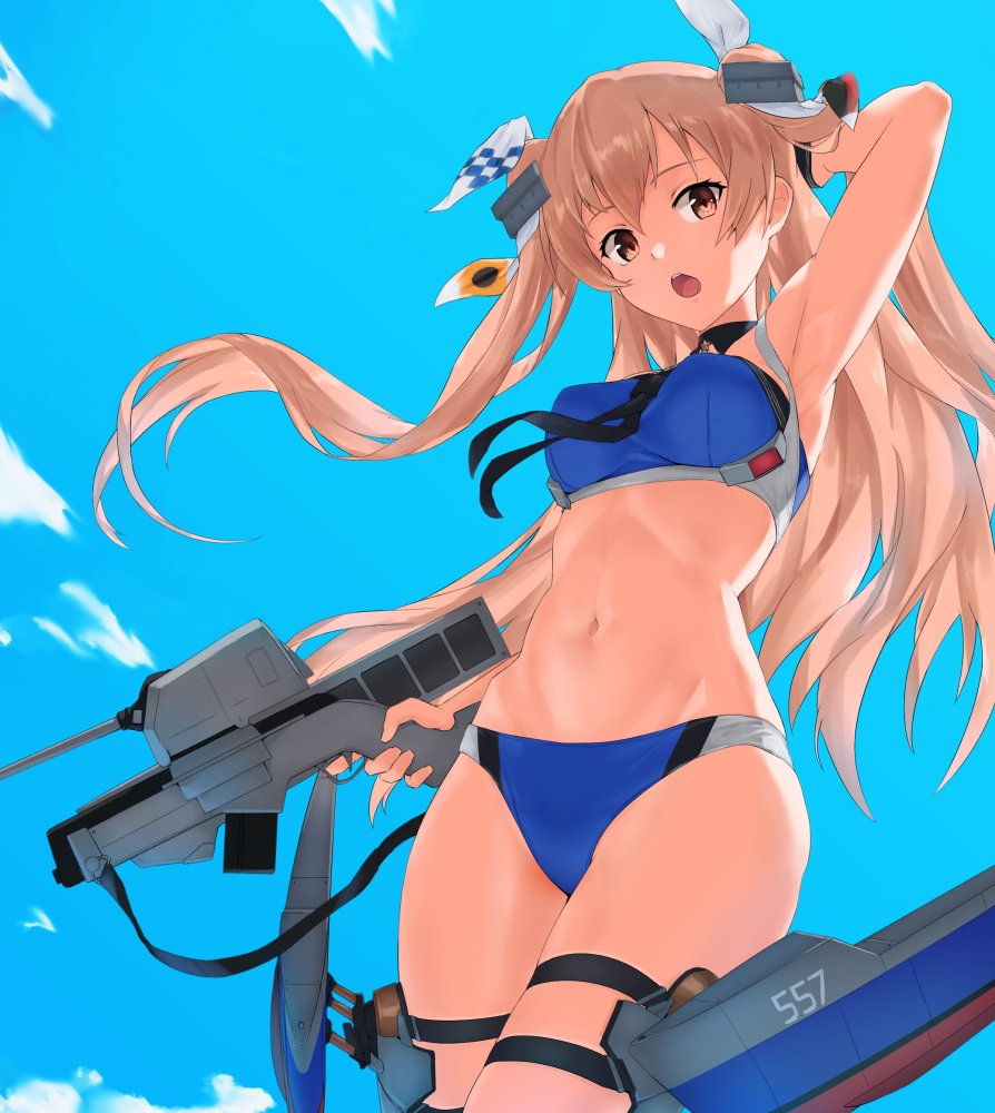 1girl adapted_turret bikini black_gloves blue_bikini breasts brown_eyes cowboy_shot gloves gun hair_ribbon johnston_(kancolle) kantai_collection leg_belt light_brown_hair long_hair machinery medium_breasts multicolored multicolored_ribbon navel ribbon single_glove sky stomach swimsuit tsukira_(amayadori) turret two_side_up weapon white_ribbon