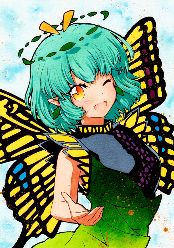 1girl ;d antennae aqua_hair butterfly_wings dress eternity_larva eyebrows_visible_through_hair green_dress hair_ornament kariyushi_shirt leaf leaf_hair_ornament leaf_on_head light_blue_background looking_at_viewer multicolored multicolored_clothes multicolored_dress one_eye_closed open_mouth outstretched_arm outstretched_hand qqqrinkappp short_sleeves single_strap smile touhou traditional_media upper_body wings yellow_eyes yellow_wings