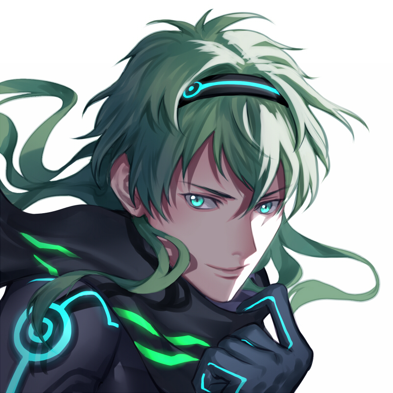 1boy backlighting bangs bishounen black_bodysuit bodysuit close-up david_(fate) eilinna face fate/grand_order fate_(series) floating_hair green_eyes green_hair hair_between_eyes long_hair male_focus science_fiction smile solo white_background wind