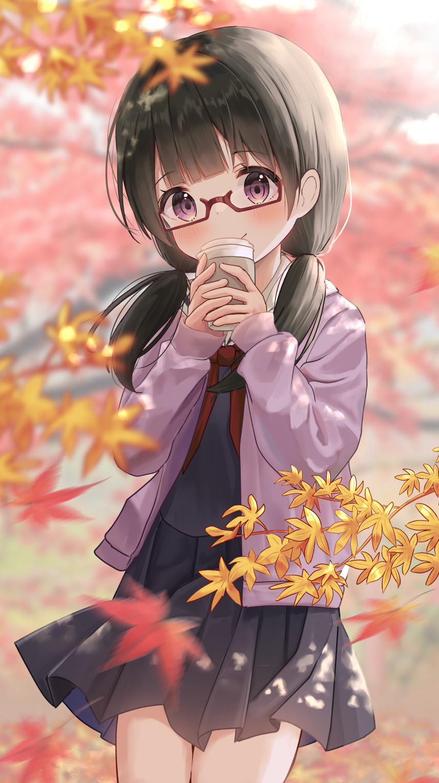 1girl autumn_leaves bangs black_shirt black_skirt blurry blurry_background blurry_foreground blush closed_mouth coffee_cup commentary_request cup day detached_sleeves disposable_cup eyebrows_visible_through_hair glasses hands_up highres holding holding_cup jacket long_hair low_twintails mimikaki_(men_bow) open_clothes open_jacket original outdoors pleated_skirt purple_jacket red-framed_eyewear sailor_collar school_uniform semi-rimless_eyewear serafuku shirt skirt smile solo twintails under-rim_eyewear violet_eyes white_sailor_collar