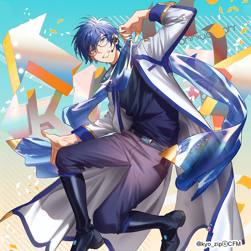 1boy adjusting_scarf anniversary arm_up arrow_(symbol) belt bespectacled black_footwear blue_eyes blue_hair blue_nails blue_pants blue_scarf blue_shirt boots character_name coat commentary crypton_future_media glasses grin kaito_(vocaloid) kaito_(vocaloid3) knee_boots kyou_zip looking_at_viewer male_focus pants scarf see-through shirt smile solo vocaloid white_coat
