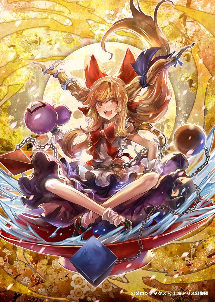 1girl :d arm_up bangs banned_artist bare_shoulders black_footwear blurry blush bottle bow bowtie brown_eyes brown_hair center_frills chain crossed_legs cube cuffs cup eyebrows_behind_hair fang footwear_bow frills gourd horn_bow horn_ornament horns ibuki_suika kozou_(soumuden) long_hair looking_at_viewer moon oni oni_horns open_mouth orb petals purple_bow purple_skirt red_bow red_neckwear sakazuki shackles shirt sidelocks skirt smile socks solo torn_clothes torn_sleeves touhou triangle white_legwear white_shirt