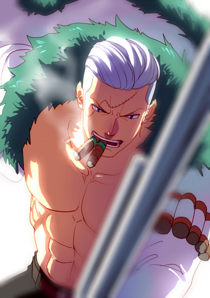 1boy abs bare_pectorals cigar coat eilinna facial_hair fur-trimmed_coat fur_trim hair_slicked_back holding holding_weapon long_sideburns male_focus mature_male muscular muscular_male no_nipples one_piece open_clothes open_coat pectorals short_hair sideburns smoker_(one_piece) smoking solo stitches stomach stubble upper_body weapon white_hair