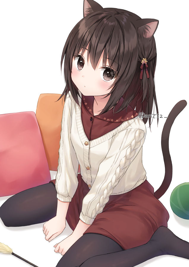 1girl animal_ear_fluff animal_ears anz32 bangs between_legs black_hair black_legwear blush brown_eyes brown_shirt brown_skirt cat_ears cat_girl cat_tail cat_teaser closed_mouth collared_shirt commentary_request dress_shirt eyebrows_visible_through_hair hair_between_eyes hand_between_legs jacket long_sleeves looking_at_viewer no_shoes one_side_up original pantyhose pillow shirt sitting skirt solo tail tail_raised twitter_username wariza white_background white_jacket