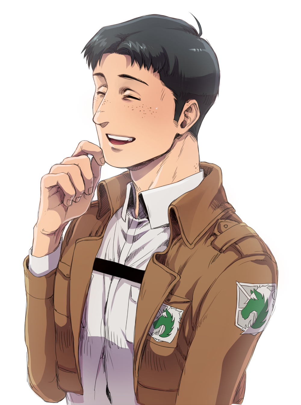 1boy backlighting black_hair blush chest_harness collared_shirt cropped_jacket finger_to_cheek freckles harness highres jacket leather leather_jacket male_focus marco_bodt nene_(10575936) paradis_military_uniform shingeki_no_kyojin shirt short_hair smile solo undershirt upper_body