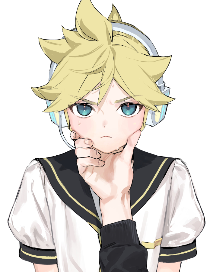 1boy aqua_eyes blonde_hair commentary headphones headset kagamine_len light_blush light_frown looking_at_viewer male_focus master_(vocaloid) naoko_(naonocoto) necktie pov pov_hands shirt short_sleeves simple_background spiky_hair sweat v-shaped_eyebrows vocaloid white_background white_shirt yellow_neckwear