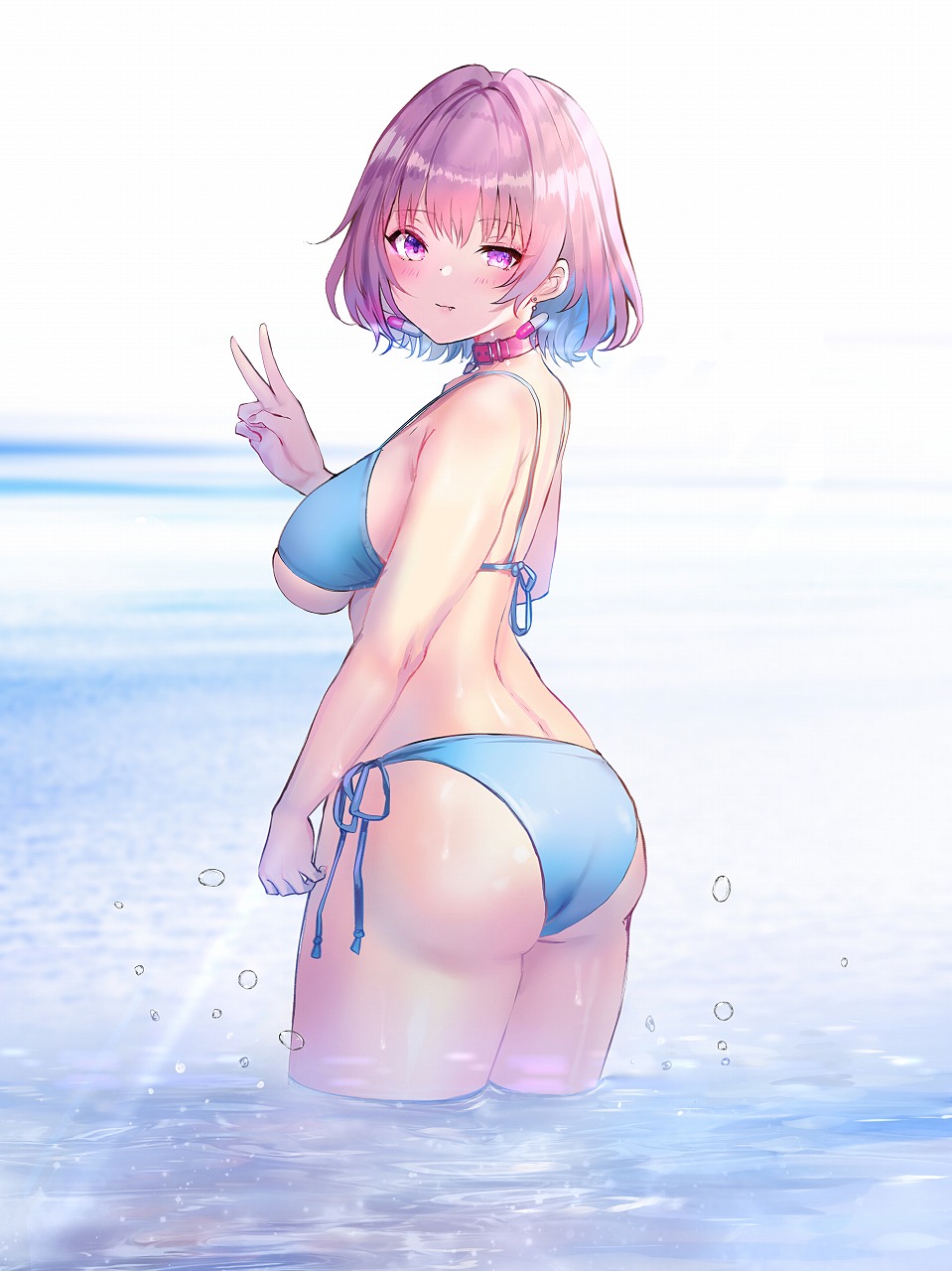 1girl ass bandouruka bikini blue_bikini blue_hair breasts choker colored_inner_hair earrings highres idolmaster idolmaster_cinderella_girls jewelry multicolored_hair ocean pink_hair short_hair side-tie_bikini standing summer swimsuit v water yumemi_riamu