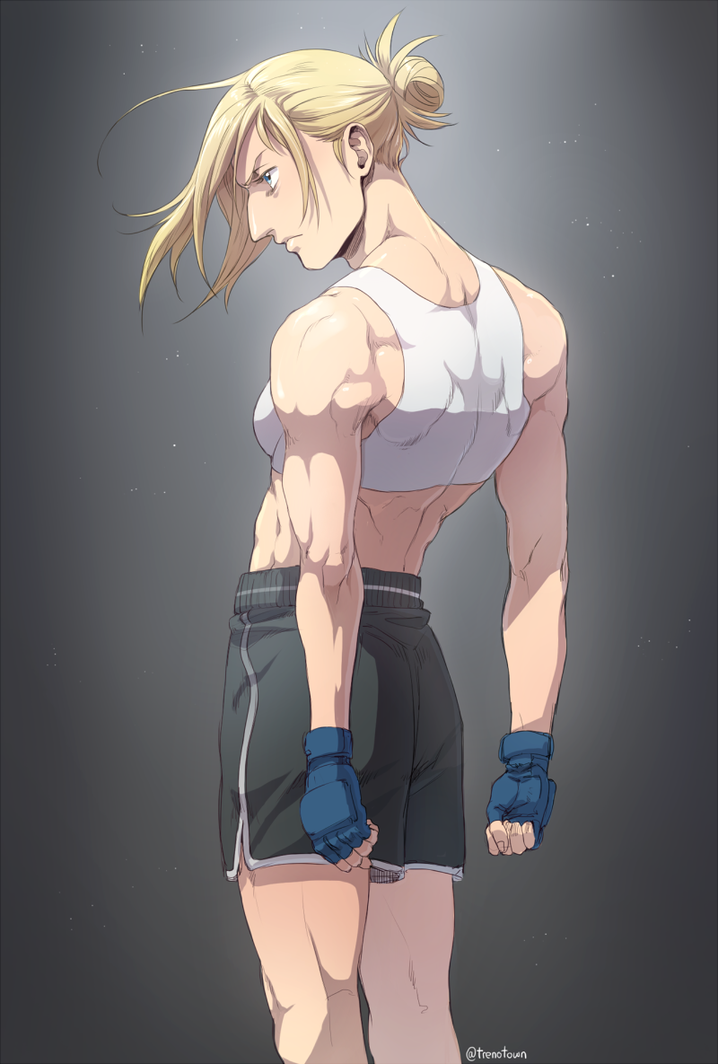 1girl annie_leonhardt back bangs black_shorts blonde_hair blue_eyes breasts cropped_shirt feet_out_of_frame gloves nene_(10575936) ponytail shingeki_no_kyojin short_hair shorts solo swept_bangs tank_top toned white_tank_top