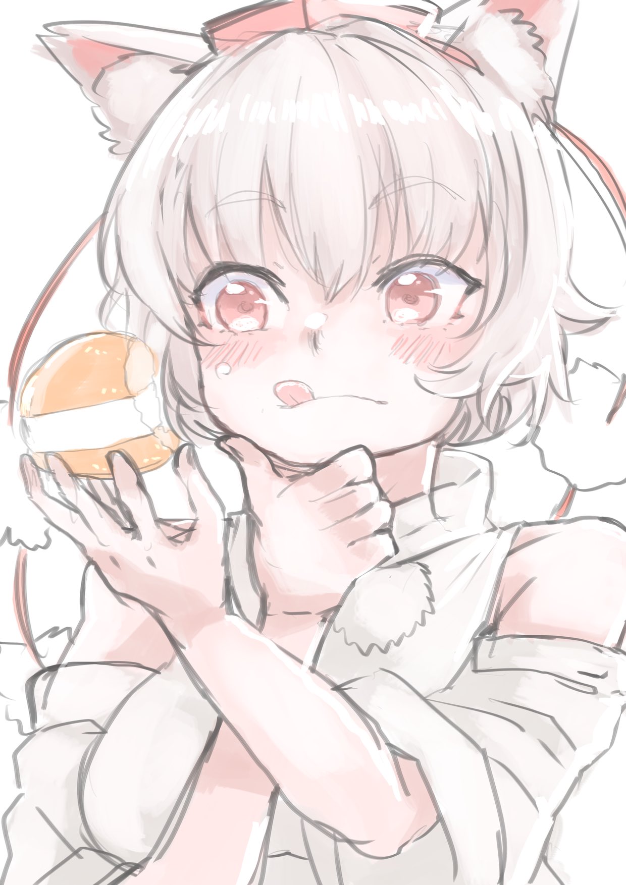 1girl :q animal_ears food hand_on_own_chin hat highres holding holding_food inubashiri_momiji red_eyes short_hair sketch solo tokin_hat tongue tongue_out touhou upper_body white_hair wolf_ears yoyoiro_(sysi20)
