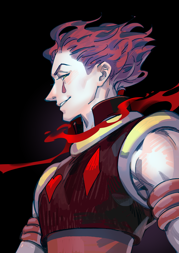 1boy bare_shoulders facial_mark from_side heart heart_print hisoka_morow hunter_x_hunter male_focus prema-ja redhead shirt short_hair sleeveless sleeveless_shirt smile solo spiky_hair toned toned_male upper_body